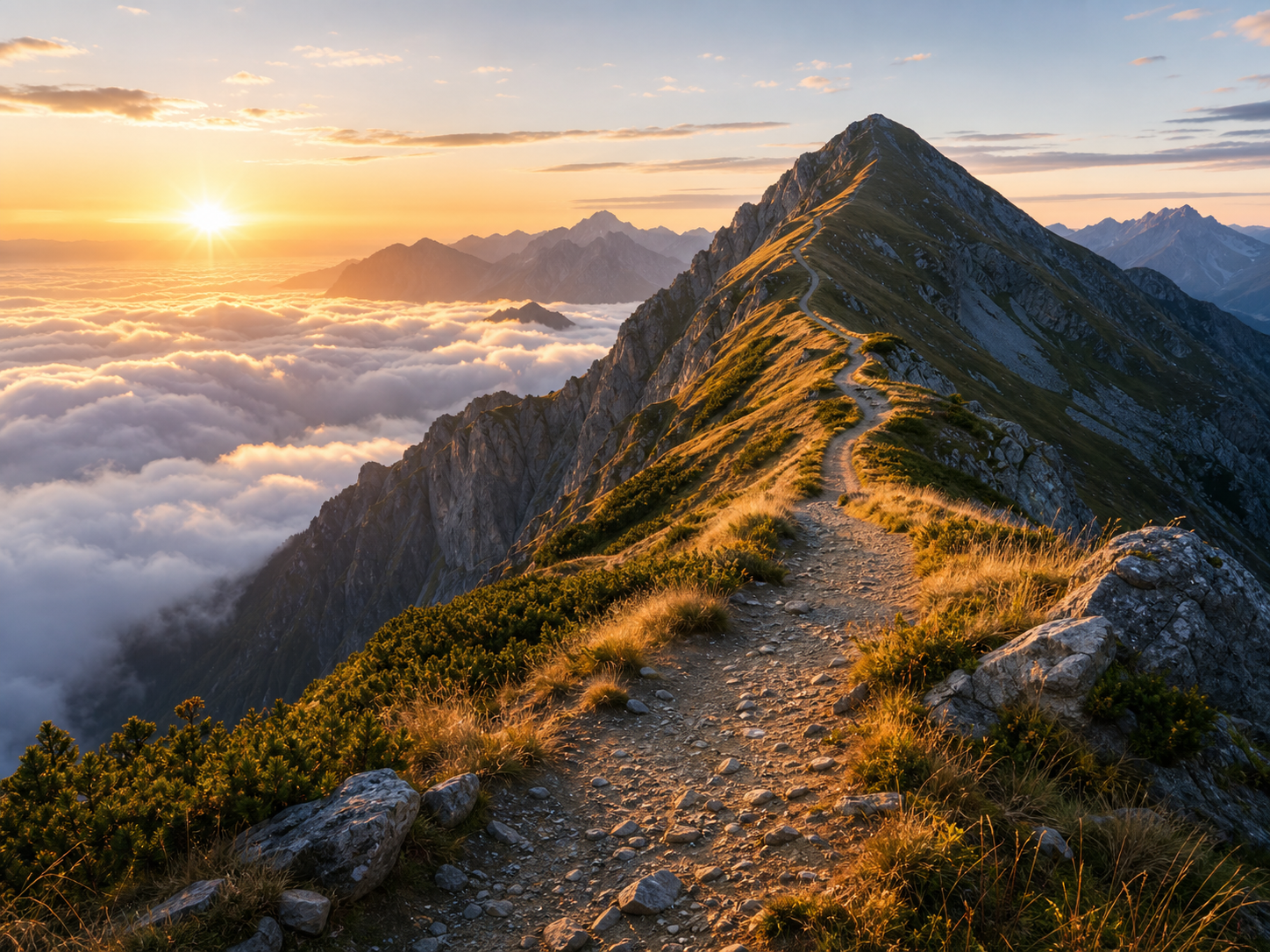 Mountain path at sunrise
